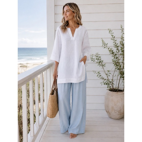 Lands' End Tops - Lands End Tunic Top M Linen Blend Coastal Beachy Minimalist Langenlook